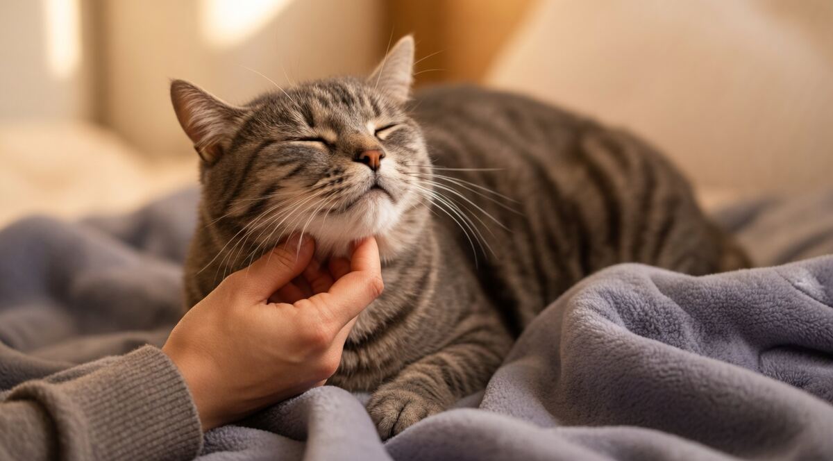 A relaxed tabby enjoying a chin scratch on a soft blanket.