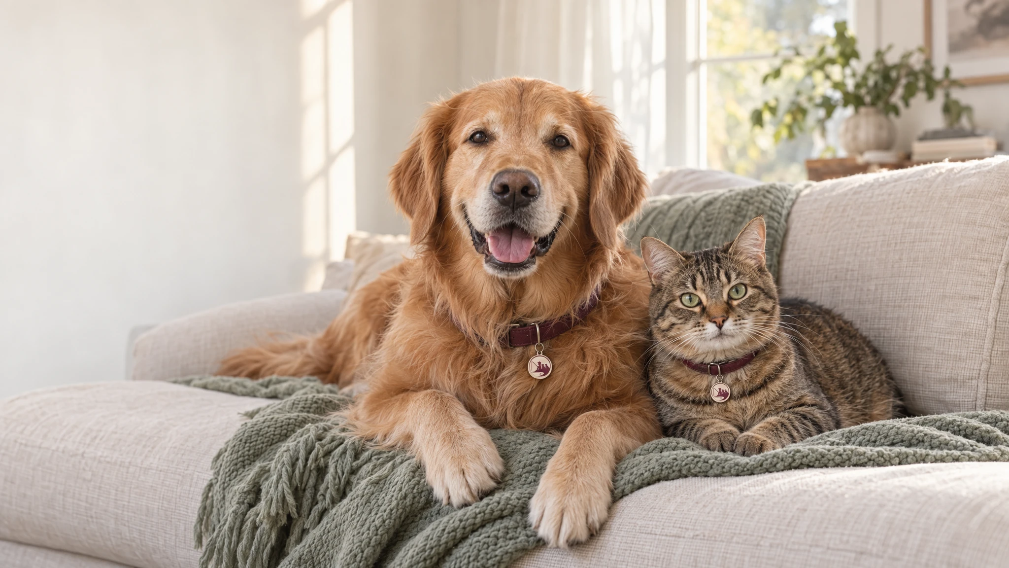 A golden retriever and a tabby cat sharing a sunny spot on the sofa.